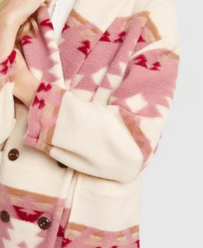 Yellowstone Beth Dutton Pink and White Aztec Coat Detail Image