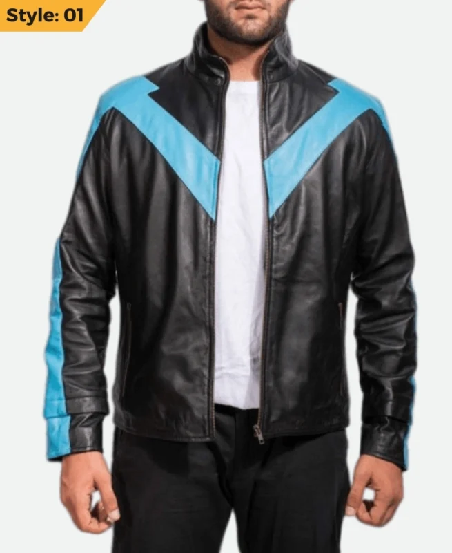 Dick Grayson Nightwing Black Leather Jacket Stye 01 Front