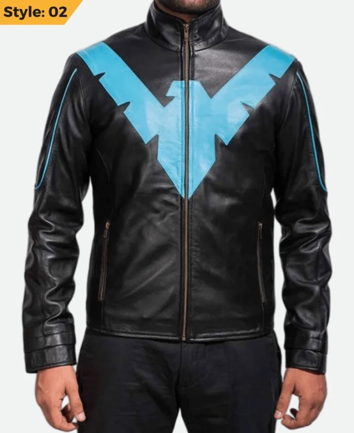 Dick Grayson Nightwing Black Leather Jacket Stye 02 Front