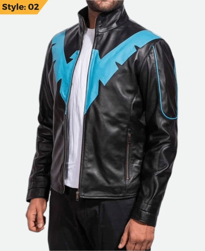 Dick Grayson Nightwing Black Leather Jacket Stye 02 Side Pose