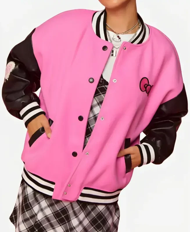 Hello Kitty Pink and Black Varsity Jacket Front 2