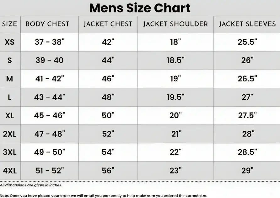 Jacket Era Men Size Chart