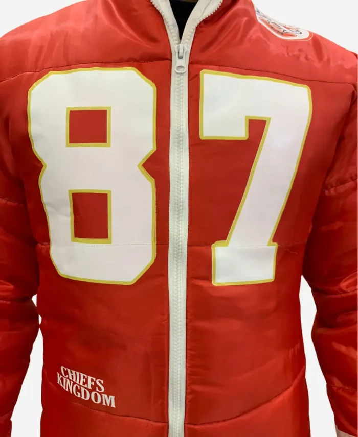 Taylor Swift Kansas City Chiefs Travis Kelce Red Puffer Jacket Front Close Up Image