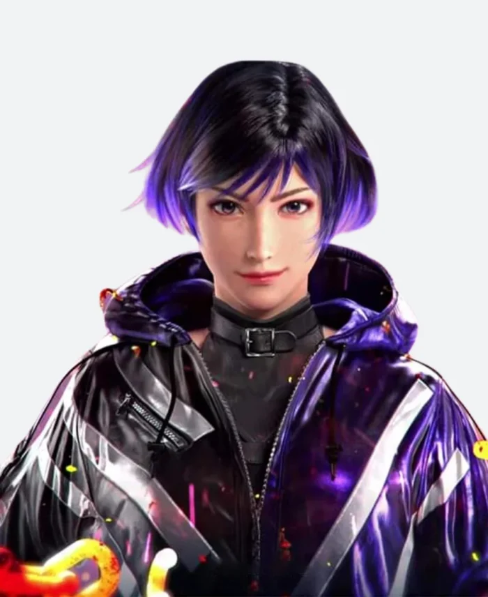 Tekken 8 Game Reina Black and Purple Hooded Bomber Jacket Close Up