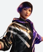 Tekken 8 Game Reina Black and Purple Hooded Bomber Jacket Front