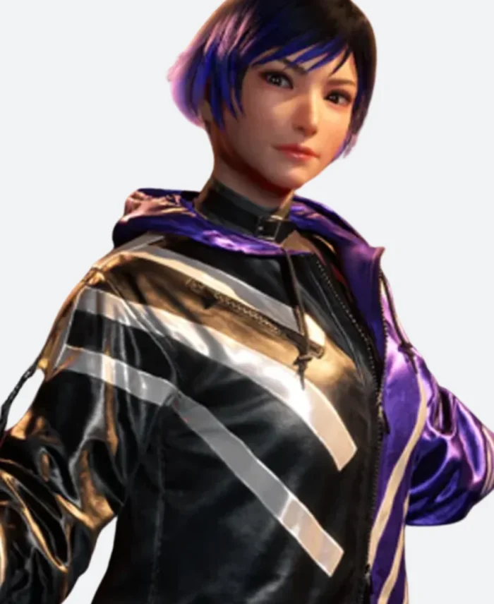 Tekken 8 Game Reina Black and Purple Hooded Bomber Jacket Front Closer Look