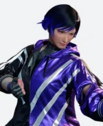 Tekken 8 Game Reina Black and Purple Hooded Bomber Jacket Side Pose