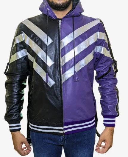 Tekken 8 Reina Black and Purple Leather Hooded Bomber Jacket