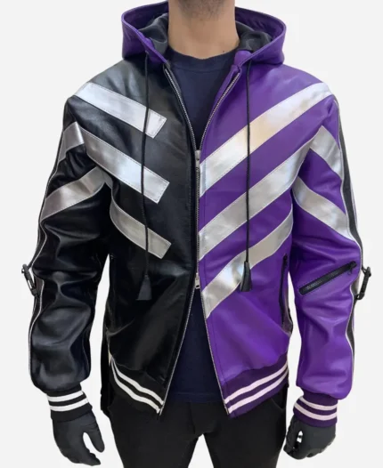 Tekken 8 Reina Black and Purple Leather Hooded Bomber Jacket