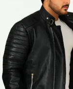 Ed Skrein Deadpool Ajax Black Leather Biker Jacket Side Closer Look