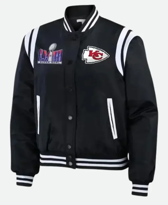 NFL Superbowl LVIII Champions Erin Andrews Kansas City Chiefs Black Varsity Jacket