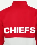 Taylor Swift New Era Kansa City Chiefs Red and White Windbreaker Jacket Back Close Up Image