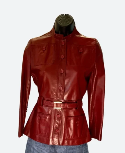 Lily Collins Emily In Paris S04 Red Leather Jacket Front Image