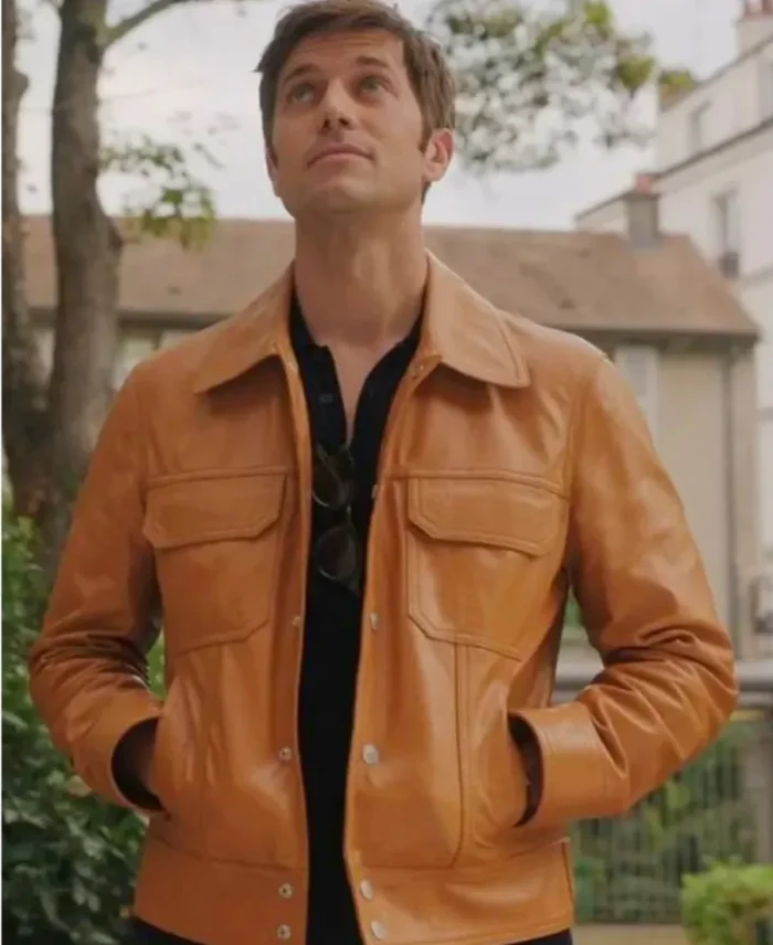 Lucas Bravo Emily in Paris S03 Gabriel Tan Brown Leather Jacket