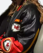 Taylor Swift Travis Kelce Arrowhead Stadium Kansas City Chiefs Vs Buccaneers Game 2024 Black Leather Bomber Jacket