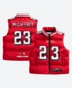 Christian McCaffrey SF 49ers Off Season Puffer Vest Front & Back Image