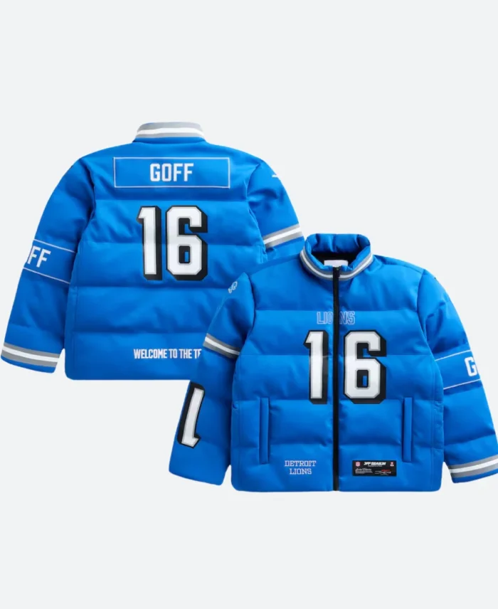 Jared Goff Detroit Lions Off Season Puffer Jacket Front & Back image