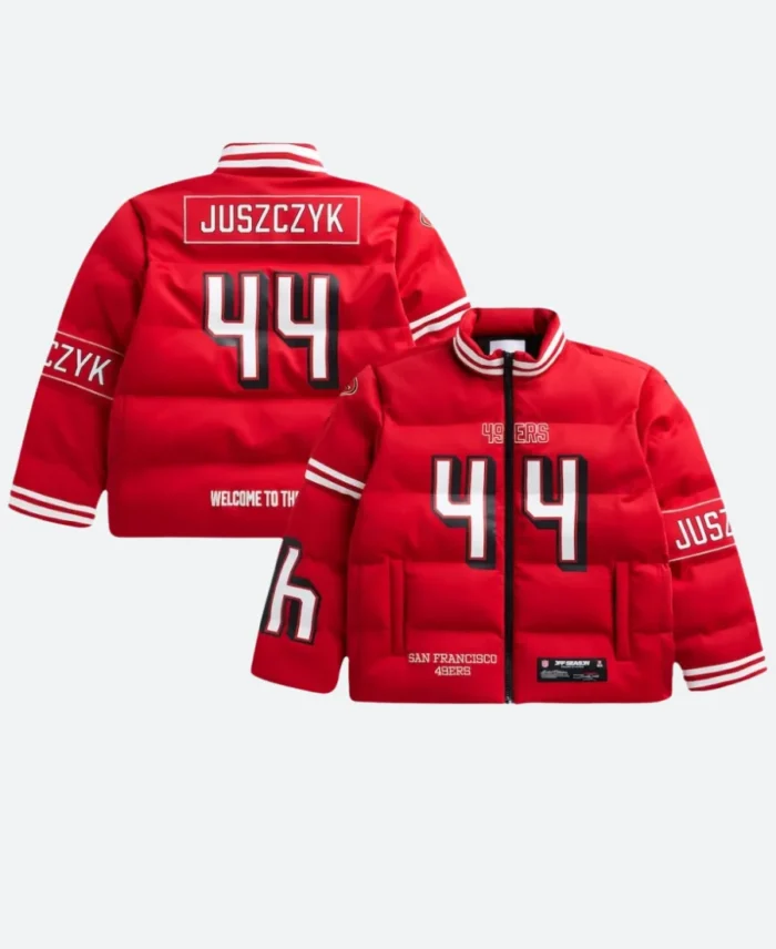 Kyle Juszczyk SF 49ers Off Season Puffer Jacket Front & back Image