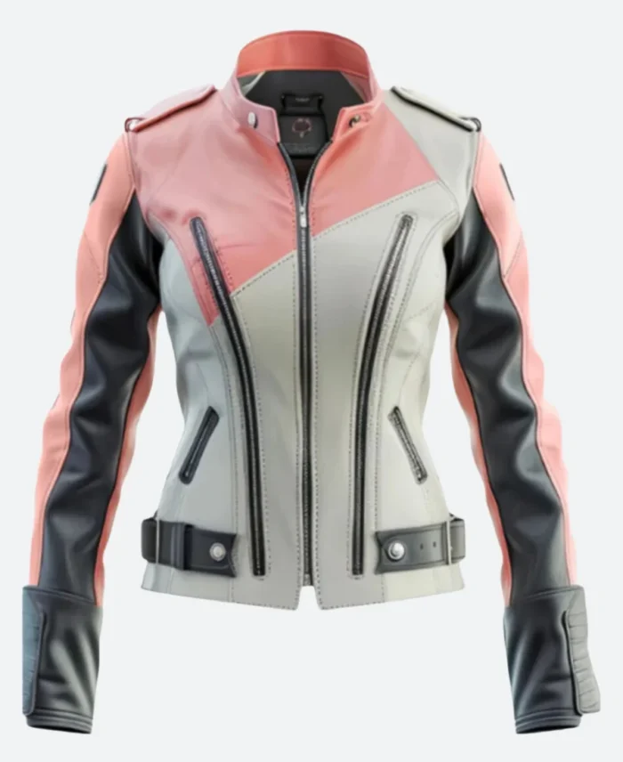 Pink & Black Bikers Leather Jacket Front Image