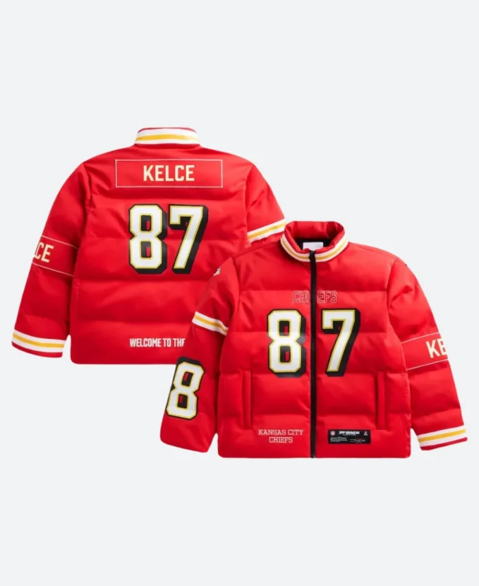 Travis Kelce KC Chiefs Off Season Puffer Jacket Front & Back Imae