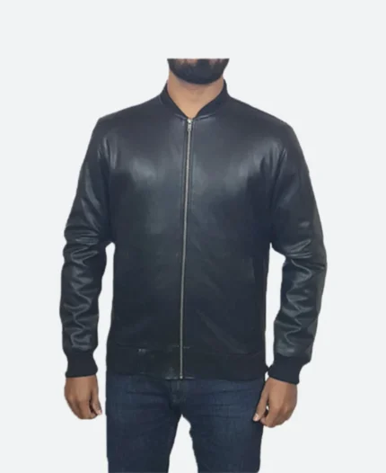 Black Biker Leather Jacket Front Image