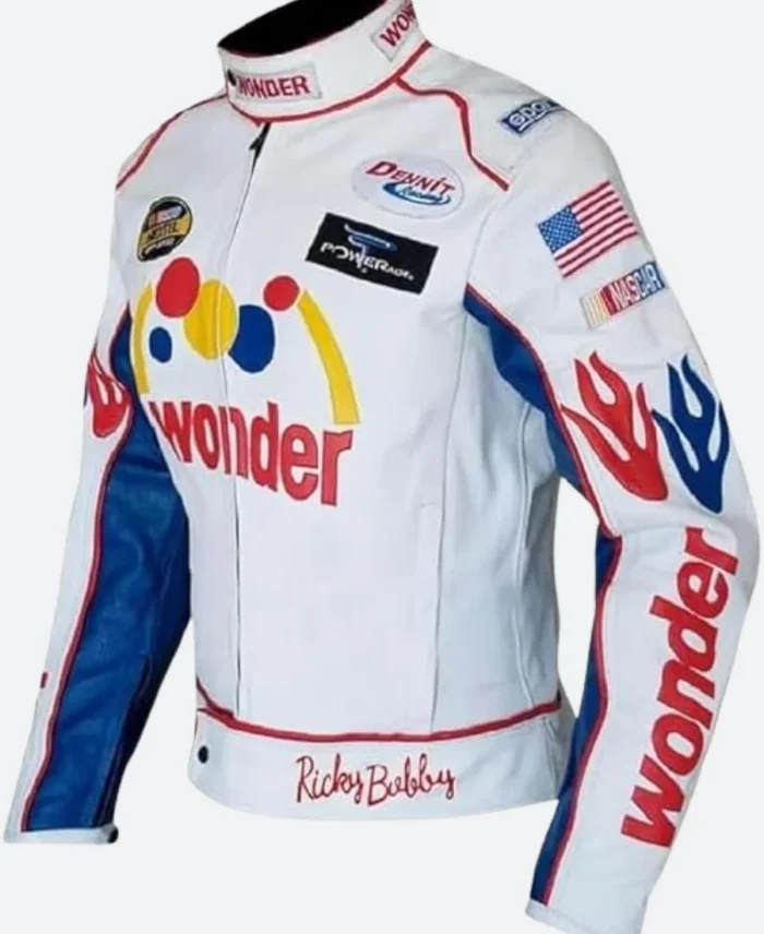 Ricky Bobby Racing Wonder Bike White Leather Jacket Close Up Image