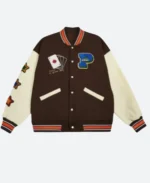 Lucky Poker Letterman Varsity Jacket Brown Front Image