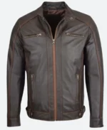 Mens Brown Leather Biker Jacket Front Image