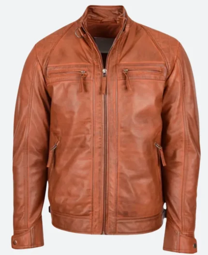 Mens Cafe Racer Biker Leather Jacket Front Image