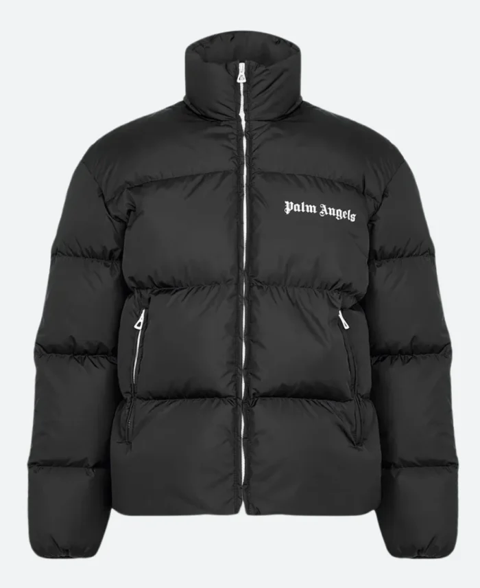 Palm Angels White Stripped Puffer Jacket Black Front Image