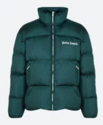 Palm Angels White Stripped Puffer Jacket Green Front Image