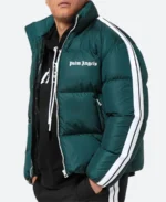 Palm Angels White Stripped Puffer Jacket Green Image