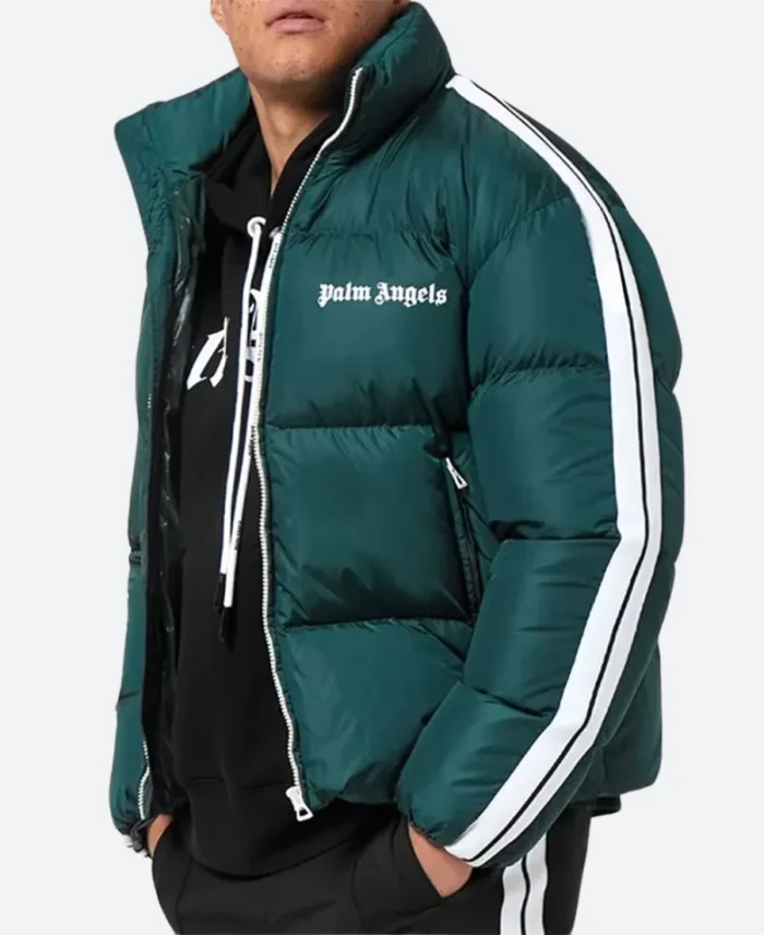 Palm Angels White Stripped Puffer Jacket Green Image