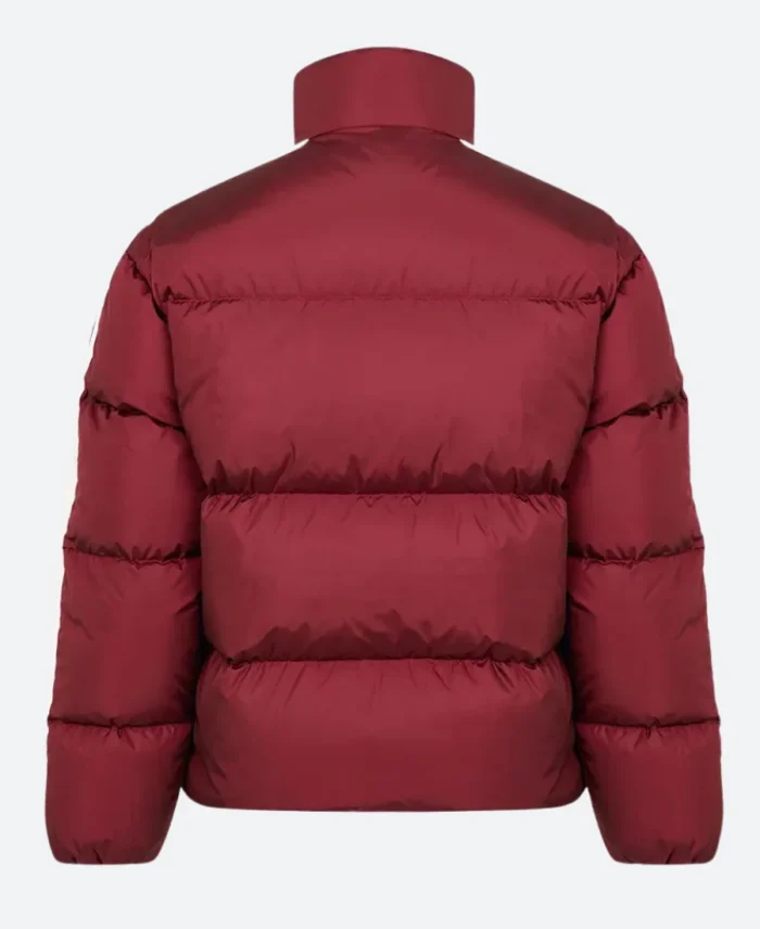 Palm Angels White Stripped Puffer Jacket Mahroon Back Image