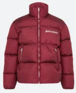 Palm Angels White Stripped Puffer Jacket Mahroon Front Image