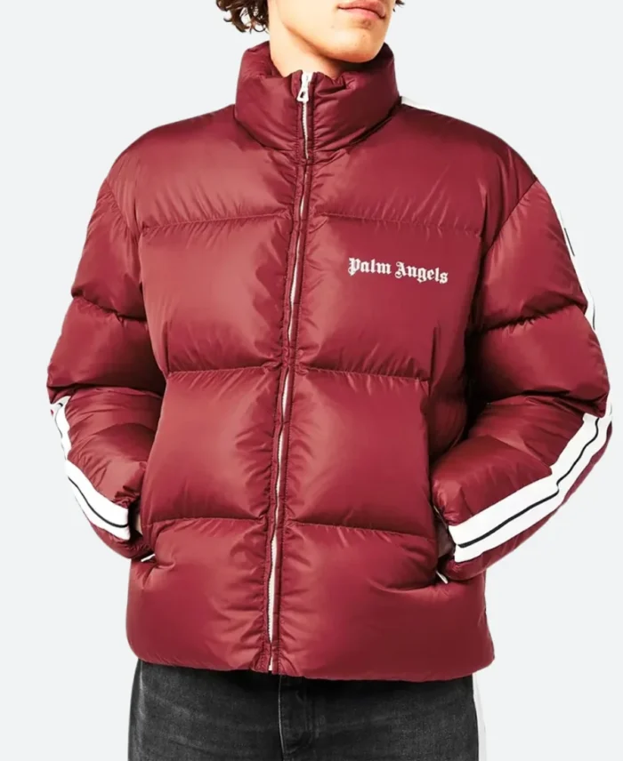 Palm Angels White Stripped Puffer Jacket Mahroon Image
