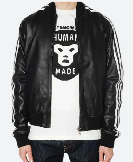 Pharrell Williams Striped Leather Jacket Black Front Image
