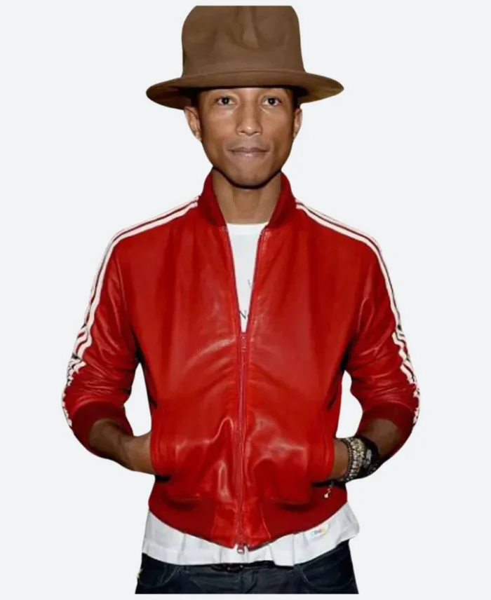Pharrell Williams Striped Leather Jacket Red Actor Image