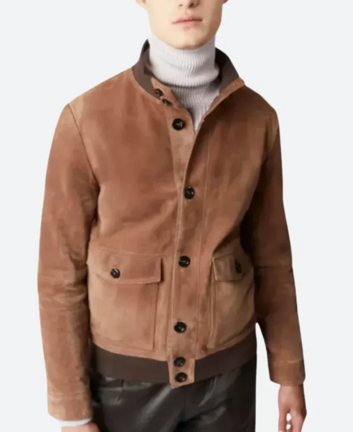 The Drew Barrymore Show Glen Powell Suede Leather Jacket Front Image