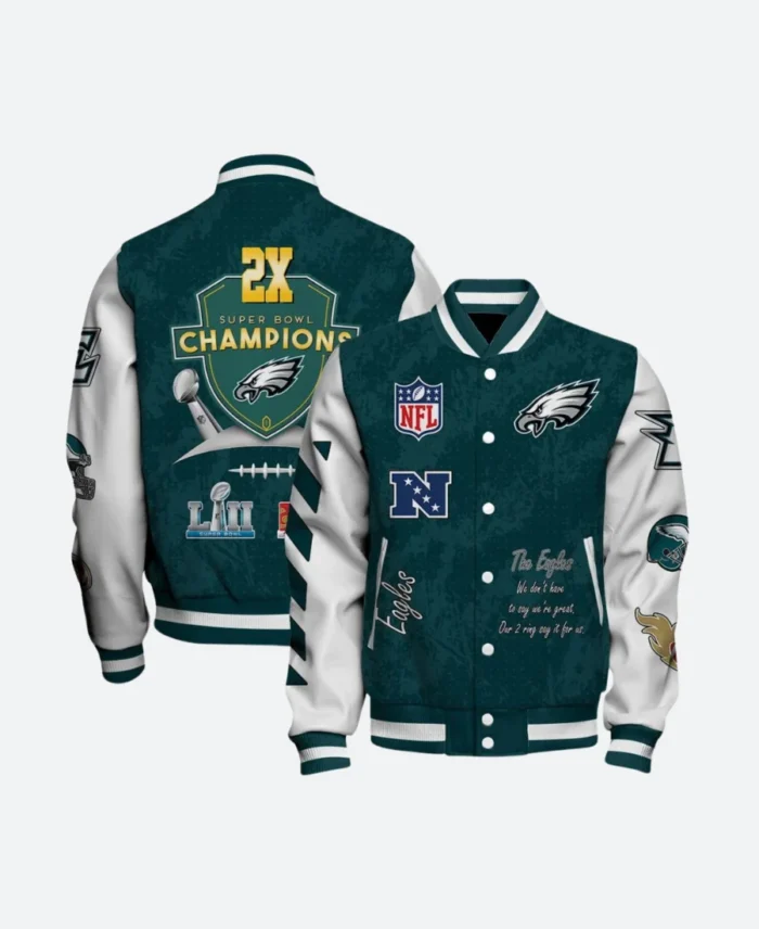 Philadelphia Eagles 2X Super Bowl Varsity Jacket Front & Back Image